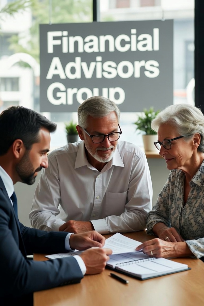 A financial advisor reviewing documents with an older couple at a meeting table